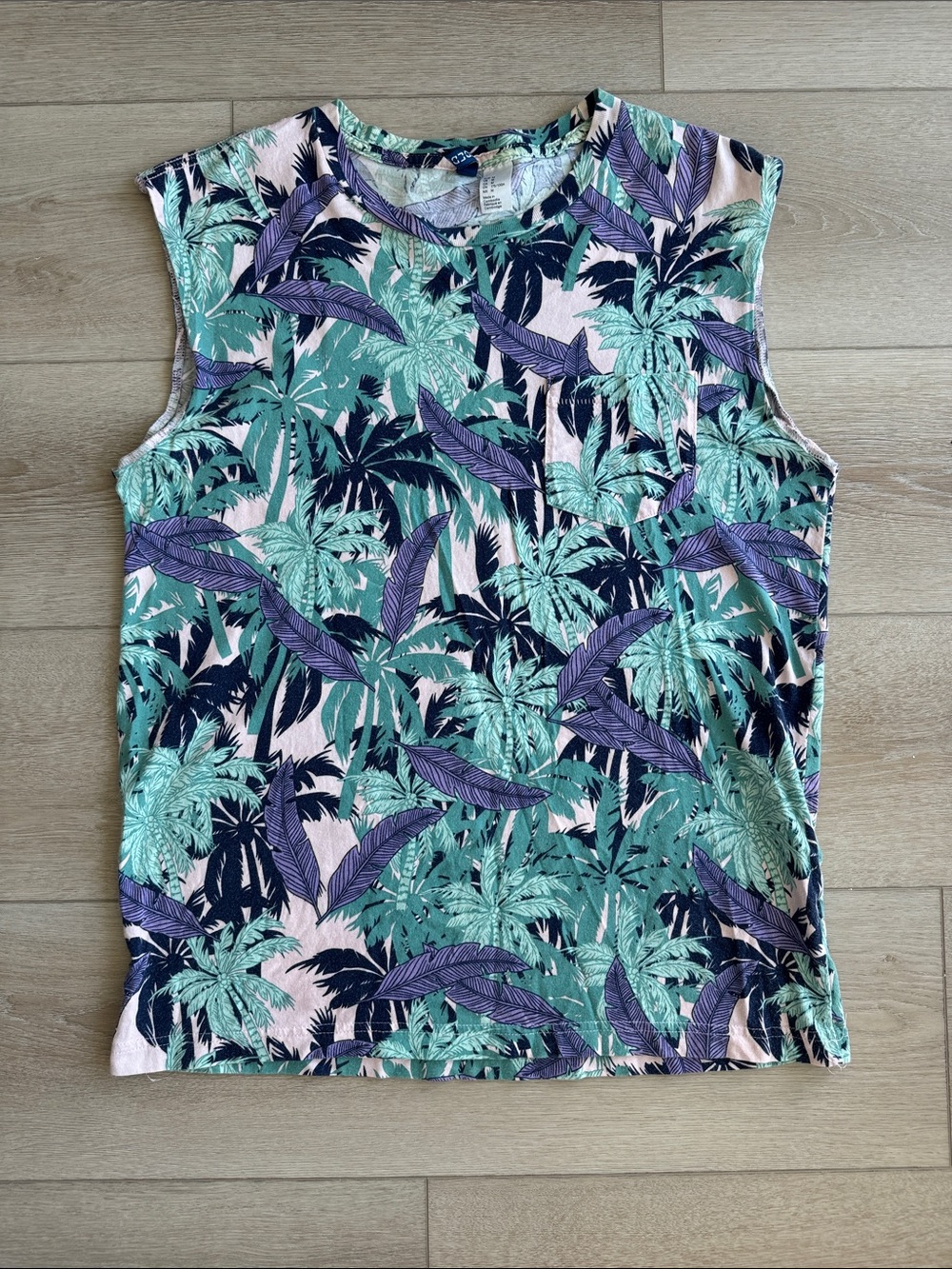 Blue and purple tropical leaf print cotton tank top